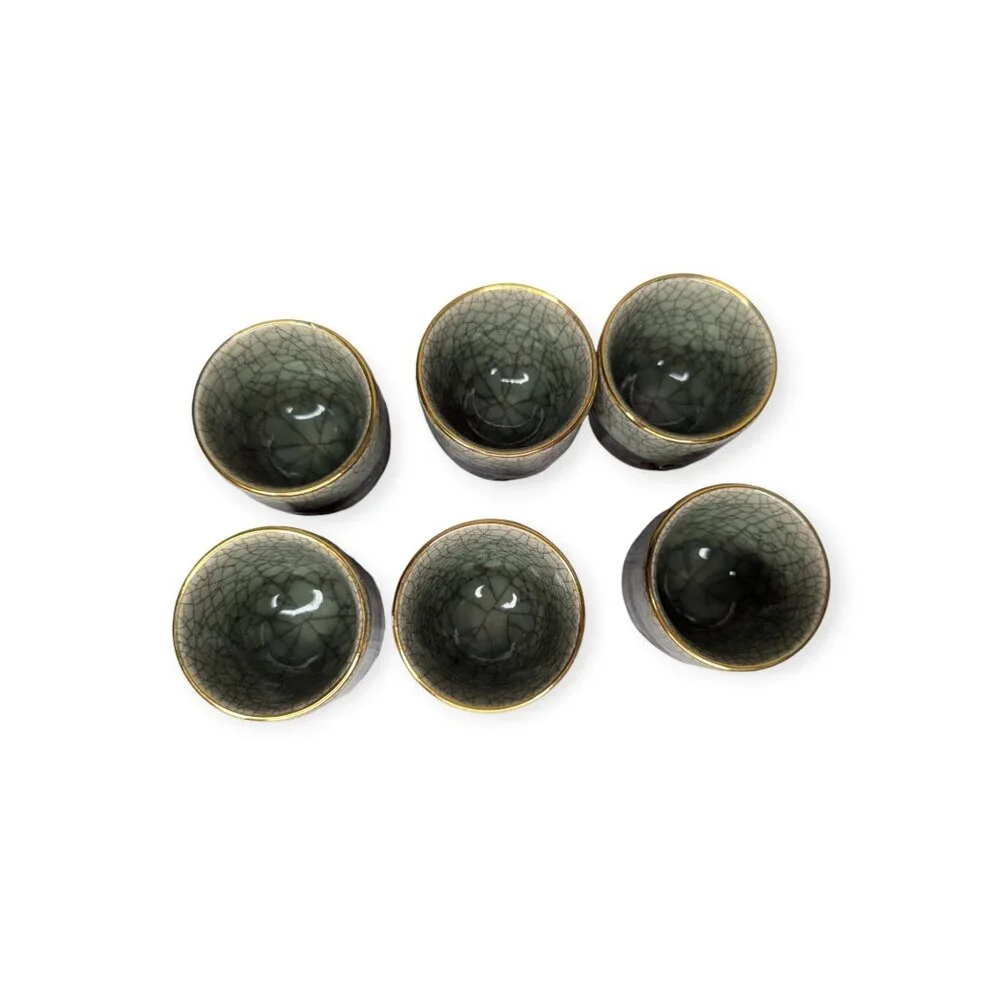 Japanese Somayaki Double Wall Saki Set Obori Soma-yaki Pottery Gold Horse Motif